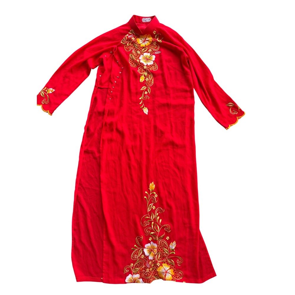 Thuy Trang Red Floral Embroidered Ao Dai Vietnamese Traditional Tunic‎ Dress